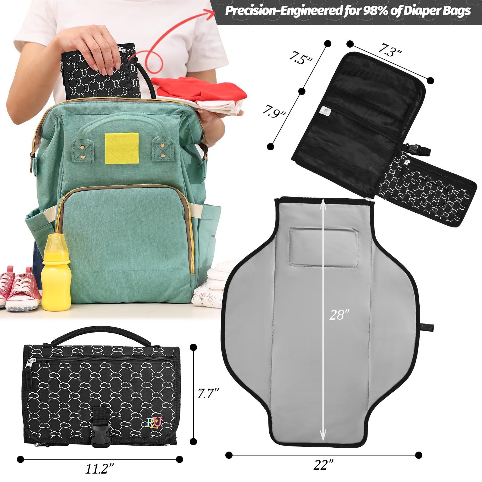 Portable Diaper Changing Pad - Changing Pad Portable with Wipes Pocket, Waterproof Diaper Changing Mat, Portable Changing Pad for Baby, Newborn Gift (Black)