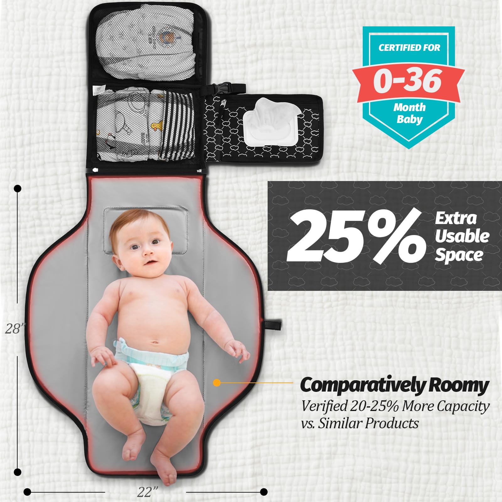 Portable Diaper Changing Pad - Changing Pad Portable with Wipes Pocket, Waterproof Diaper Changing Mat, Portable Changing Pad for Baby, Newborn Gift (Black)