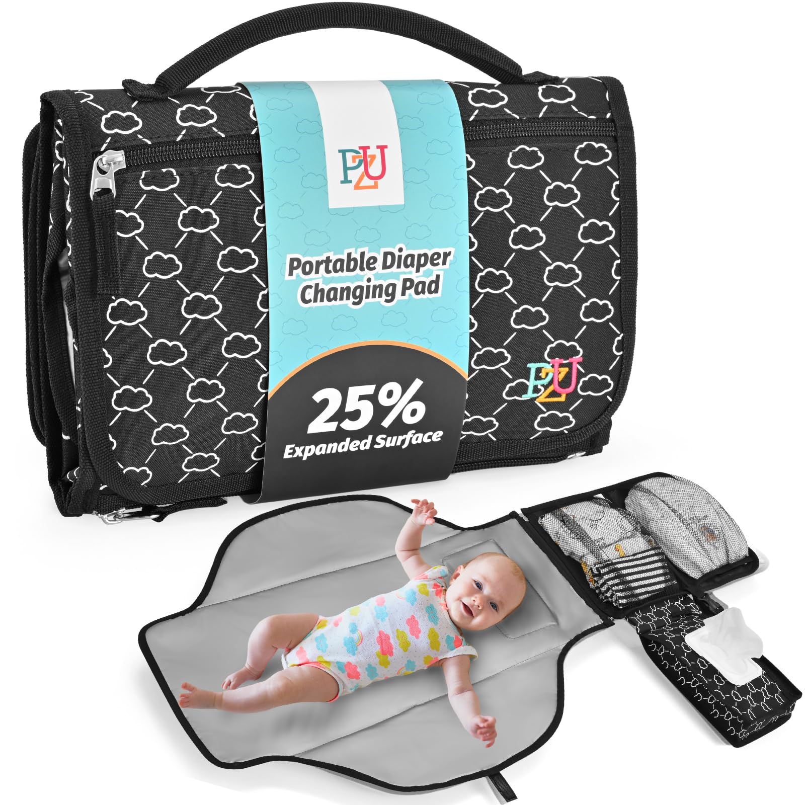 Portable Diaper Changing Pad - Changing Pad Portable with Wipes Pocket, Waterproof Diaper Changing Mat, Portable Changing Pad for Baby, Newborn Gift (Black)