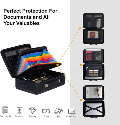 Fireproof Document Box - Hard-Shell Design Waterproof & Fireproof Document Safe with Lock, Fire Proof File Box for Documents, Certificates, Laptops, Passports, Black